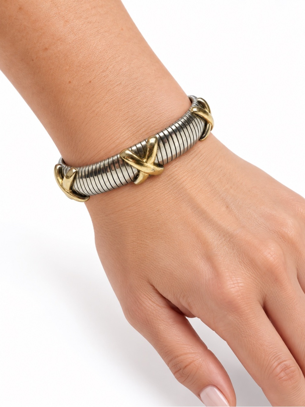 Avon Vintage Gold & Silver Tone X Design Cuff Bracelet | Adjustable Fit